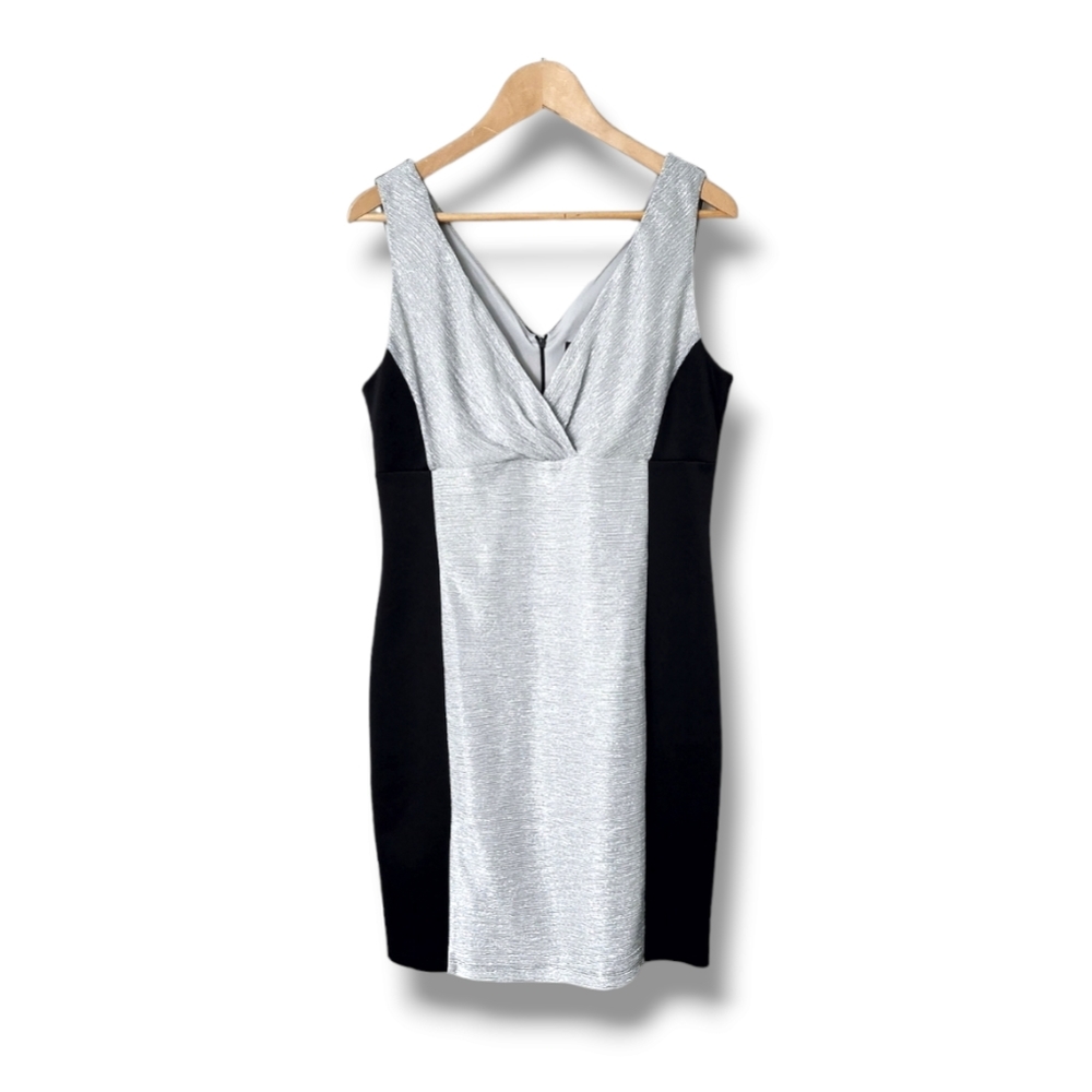 Enfocus Studio Deep-V Color Block Sleeveless Metallic  Shimmer Sheath Dress | 12